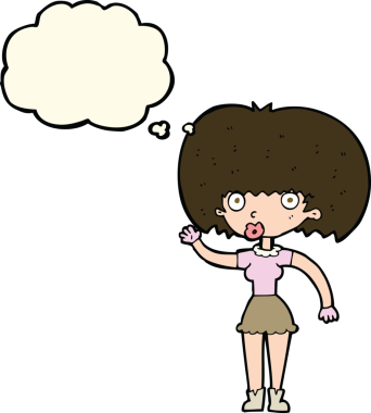 Bir insan tarafından çizilmiş düşünce baloncuğuyla el sallayan çizgi film kadını.