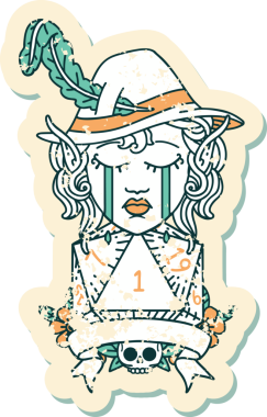 Retro Dövme Tarzı Ağlayan Elf Ozan Karakteri Bir insan tarafından çizilmiş doğal D20 rulo