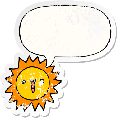 Konuşma baloncuğu olan karikatür güneşi bir insan tarafından çizilmiş sıkıntılı eski bir çıkartma