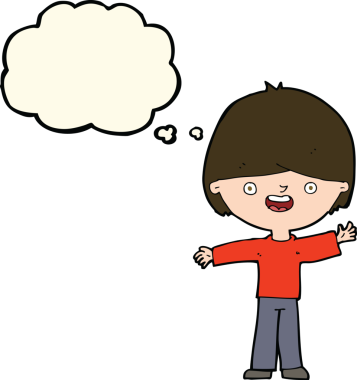 Bir insan tarafından çizilmiş düşünce balonu olan mutlu çocuk çizgi filmi.