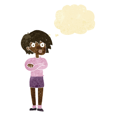 Bir insan tarafından çizilmiş düşünce baloncuğuyla kollarını kavuşturan çizgi film kadını.