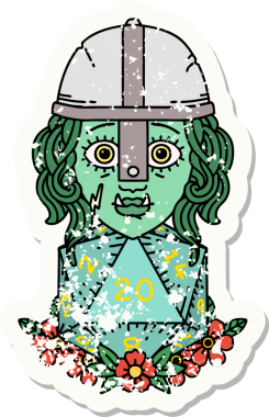 Bir insan tarafından çizilmiş 20 zarlı yarım ork savaşçı karakterinin grunge sticker 'ı.