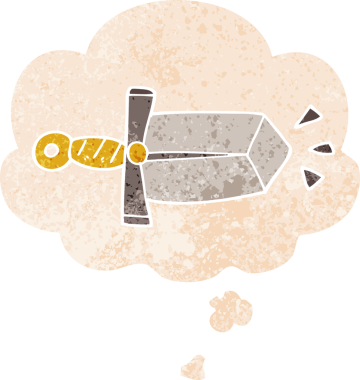 Düşünce baloncuğu ve grunge ile çizgi film kılıcı bir insan tarafından çizilmiş sıkıntılı retro stil