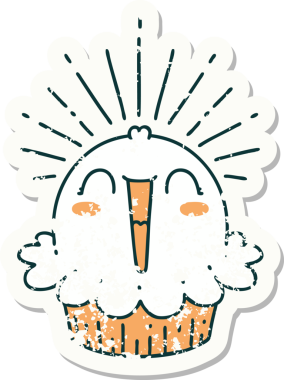 Dövme stili eski bir çıkartma. Bir insan tarafından çizilmiş mutlu şarkı söyleyen kek.