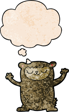 Bir insan tarafından çizilmiş grunge desenli düşünce baloncuğu olan sevimli çizgi film ayısı.