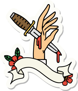 Bir insan tarafından çizilmiş eline hançer işareti olan dövme stili çıkartması.