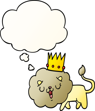 Düşünce baloncuğu ile taçlı çizgi film aslanı bir insan tarafından çizilmiş.