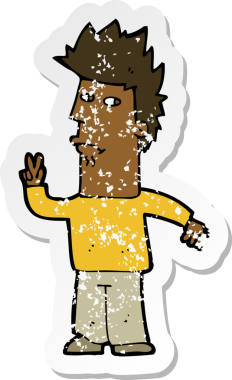 Bir insan tarafından çizilmiş barış işareti veren bir çizgi film karakterinin gerilimli retro yapıştırması