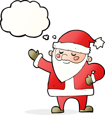 Bir insan tarafından çizilmiş düşünce baloncuklu Noel Baba çizgi filmi.