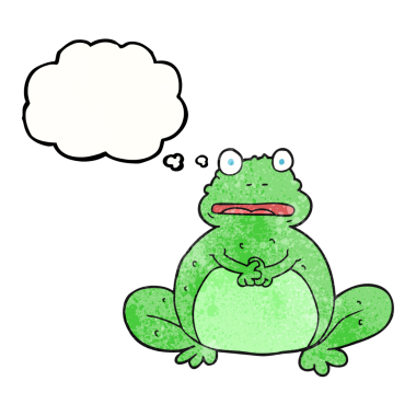 Bir insan tarafından çizilmiş serbest çizim düşünce balonu desenli karikatür kurbağası.