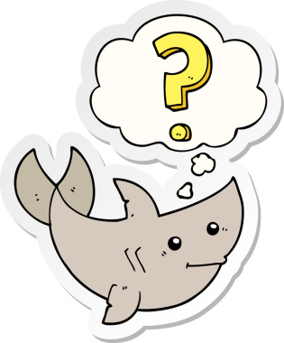 Çizgi film köpekbalığı, insan tarafından çizilmiş bir çıkartma olarak düşünce baloncuğu ile soru soruyor.