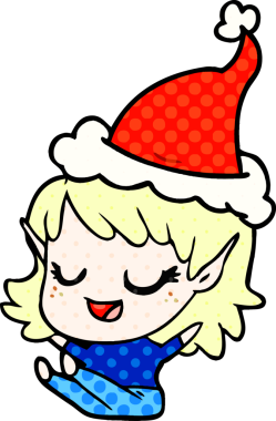 Mutlu el çizimi çizgi roman tarzı Noel Baba şapkası takan bir elf kızı bir insan tarafından çizilmiş.