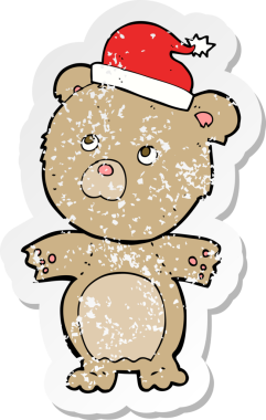 Bir insan tarafından çizilmiş noel şapkalı karikatür ayısının gerilimli çıkartması.