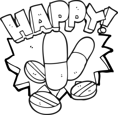 Bir insan tarafından çizilmiş siyah beyaz çizgi film mutluluk hapları.