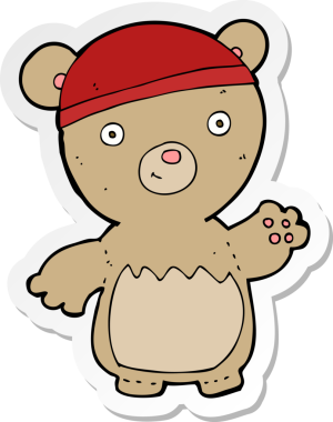 Bir insan tarafından çizilmiş şapka takan oyuncak ayının çıkartması.