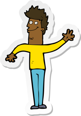 Bir insan tarafından çizilmiş mutlu el sallayan adamın çıkartması.