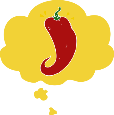 Düşünce baloncuklu kırmızı biber çizgi filmi bir insan tarafından çizilmiş.