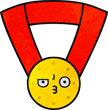 Bir insan tarafından çizilmiş altın madalyanın retro grunge desenli karikatürü