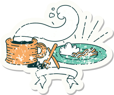 Bir insan tarafından çizilmiş eski dövme stili bir kahvaltı ve kahve etiketi.