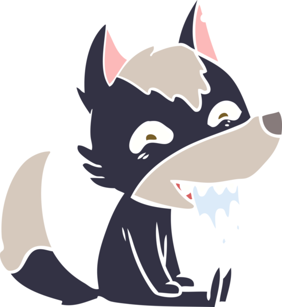 Düz renkli çizgi film aç kurt bir insan tarafından çizilmiş bekliyor.