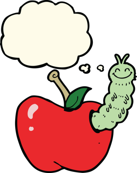 Bir insan tarafından çizilmiş düşünce balonlu elma yiyen çizgi film böceği.