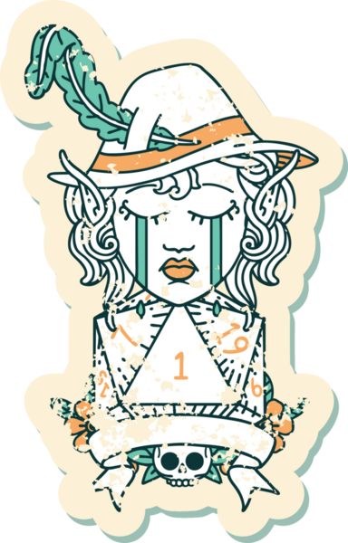 Retro Dövme Tarzı Ağlayan Elf Ozan Karakteri Bir insan tarafından çizilmiş doğal D20 rulo