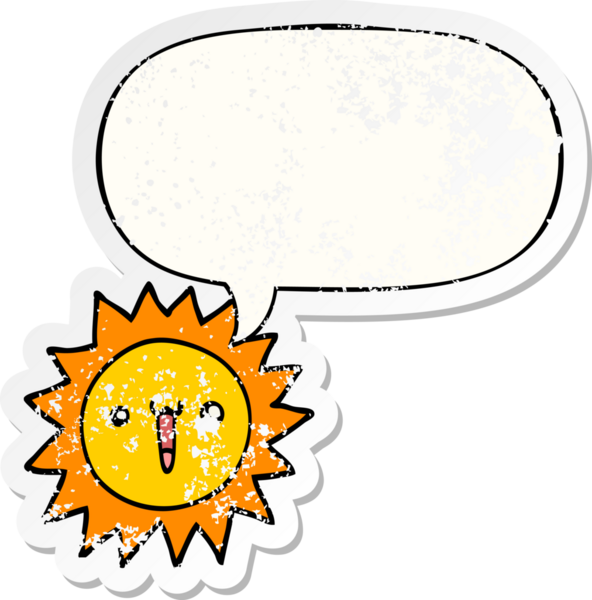 Konuşma baloncuğu olan karikatür güneşi bir insan tarafından çizilmiş sıkıntılı eski bir çıkartma