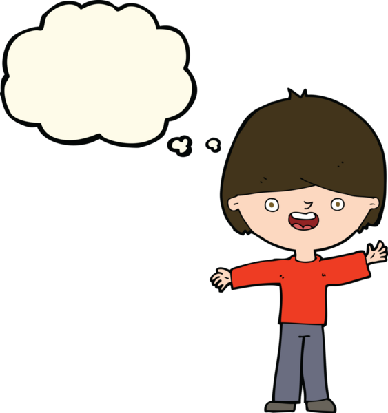 Bir insan tarafından çizilmiş düşünce balonu olan mutlu çocuk çizgi filmi.