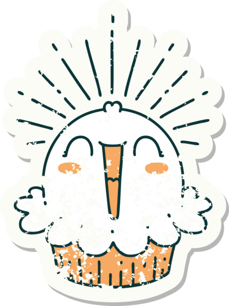 Dövme stili eski bir çıkartma. Bir insan tarafından çizilmiş mutlu şarkı söyleyen kek.