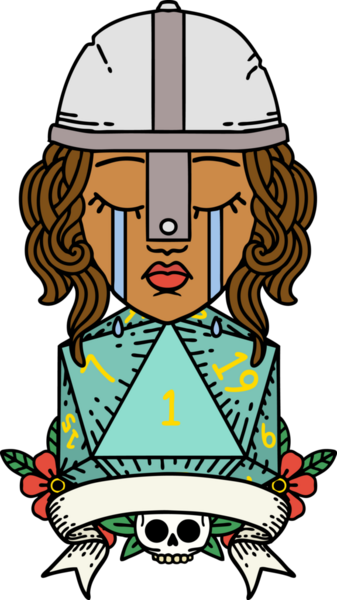 Retro Dövme Tarzı Ağlayan İnsan Dövüşçüsü Bir insan tarafından çizilmiş doğal bir D20 zarıyla