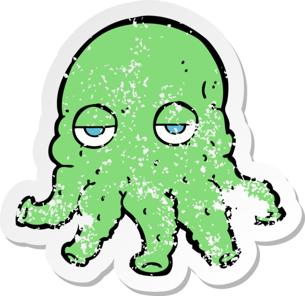 Bir insan tarafından çizilmiş uzaylı mürekkep balığı suratlı karikatür.