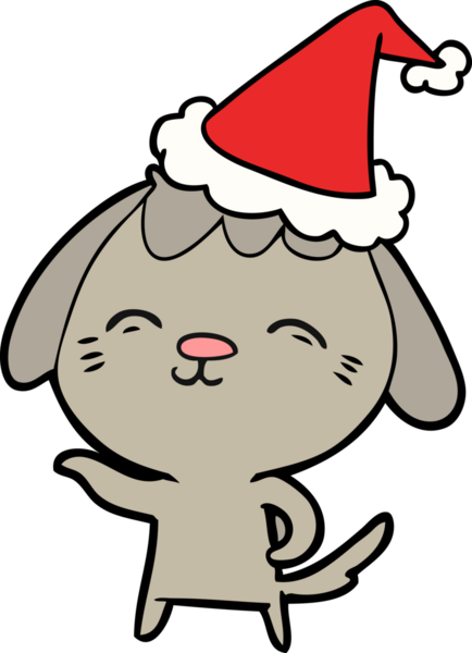 Mutlu el çizimi bir insan tarafından çizilmiş Noel Baba şapkası takan bir köpeğin resmi.