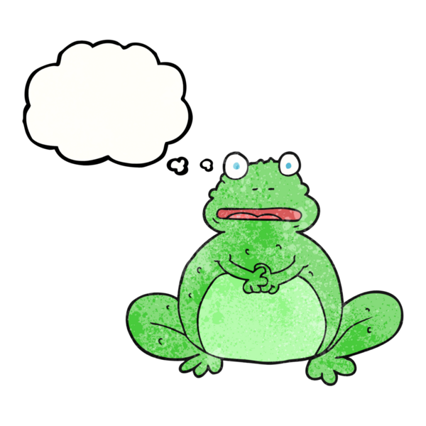 Bir insan tarafından çizilmiş serbest çizim düşünce balonu desenli karikatür kurbağası.