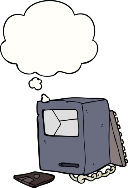 Bir insan tarafından çizilmiş düşünce baloncuklu eski bir bilgisayar.
