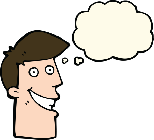 Bir insan tarafından çizilmiş düşünce baloncuğu ile sırıtan çizgi film adamı.