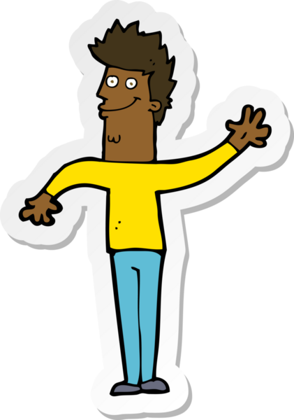 Bir insan tarafından çizilmiş mutlu el sallayan adamın çıkartması.