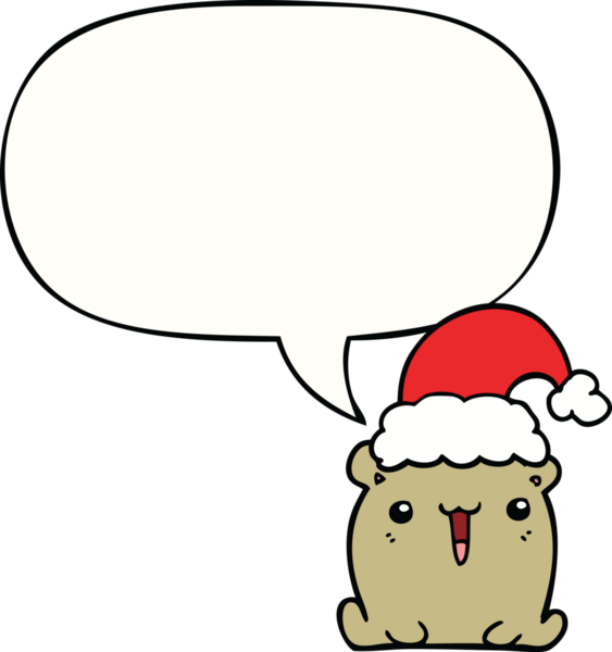 Bir insan tarafından çizilmiş konuşma balonlu Noel şapkalı sevimli çizgi film ayısı.