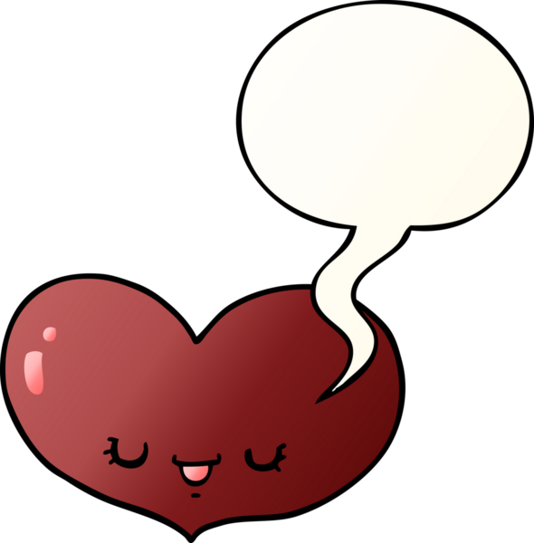 Çizgi film kalp karakterini sever. Konuşma baloncuğu, bir insan tarafından çizilmiş yumuşak bir gradyan tarzla.
