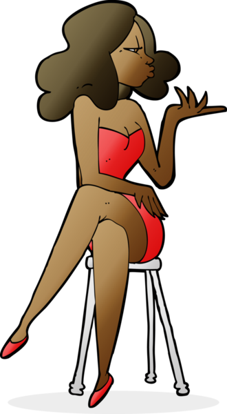 Bir insan tarafından çizilmiş bar taburesinde oturan çizgi film kadını.