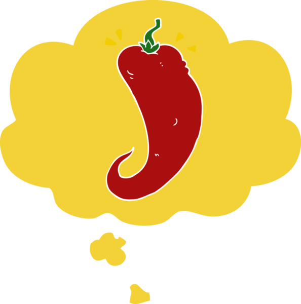 Düşünce baloncuklu kırmızı biber çizgi filmi bir insan tarafından çizilmiş.