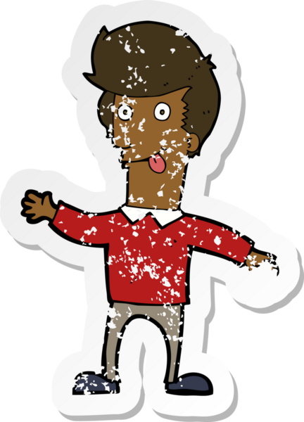 Bir insan tarafından çizilmiş dili dışarı çıkartılan bir karikatürcünün retro sıkıntılı çıkartması.