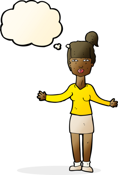 Bir insan tarafından çizilmiş düşünce baloncuğuyla omuz silken çizgi film kadını.