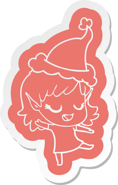 Bir insan tarafından çizilmiş Noel Baba şapkası giyen elf bir kızın komik çizgi film çıkartması.