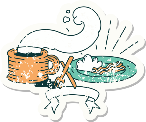 Bir insan tarafından çizilmiş eski dövme stili bir kahvaltı ve kahve etiketi.