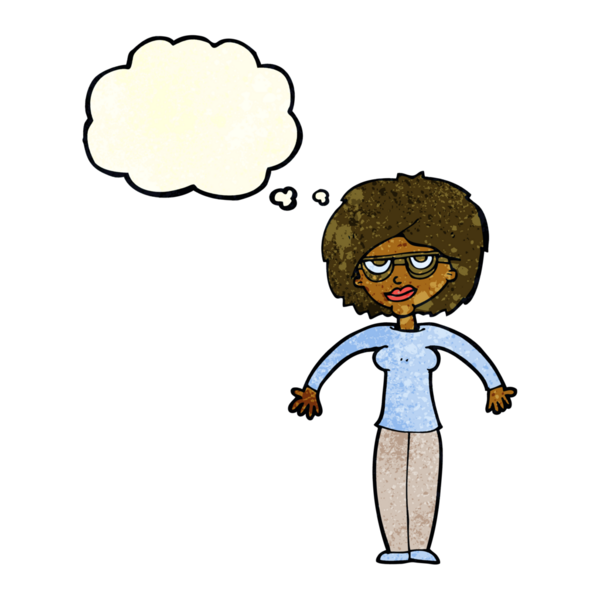 Bir insan tarafından çizilmiş düşünce baloncuğuyla omuz silken çizgi film kadını.