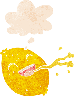 Düşünce baloncuklu limon fışkırtan karikatür dertli eski moda bir insan tarafından çizilmiş.