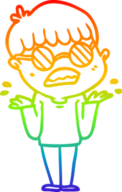 Gökkuşağı gradyan çizgi çizimi bir insan tarafından çizilmiş gözlük takan kafası karışmış bir çocuk.