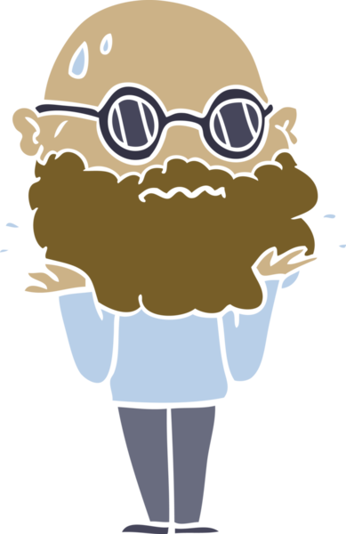 Düz renkli çizgi film. Sakallı ve güneş gözlüklü endişeli bir adam. Bir insan tarafından çizilmiş.