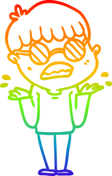 Gökkuşağı gradyan çizgi çizimi bir insan tarafından çizilmiş gözlük takan kafası karışmış bir çocuk.