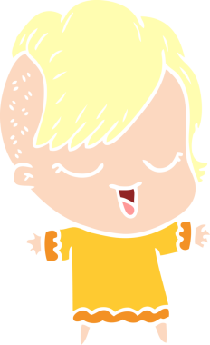 Bir insan tarafından çizilmiş mutlu düz renkli çizgi film kızı.